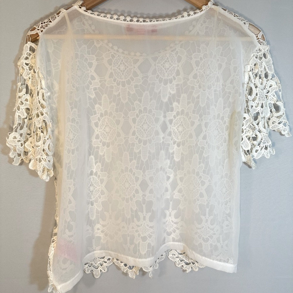 Derek Heart Women Blouse Front Lace Short Sleeves Side Slits Cream Ivory Size XL - Picture 11 of 11
